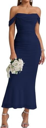 KUTUMAI Off The Shoulder Maxi Long Dress Corset Ruched Bodycon Cocktail Formal Wedding Guest Dresses for Women L