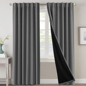 H.VERSAILTEX 100% Blackout Curtains for Bedroom with Black Liner Full Room Darkening Curtain 108 Inch Long Thermal Insulated Back Tab/Rod Pocket Window Treatment Drapes for Living Room, 2 Panels, Grey