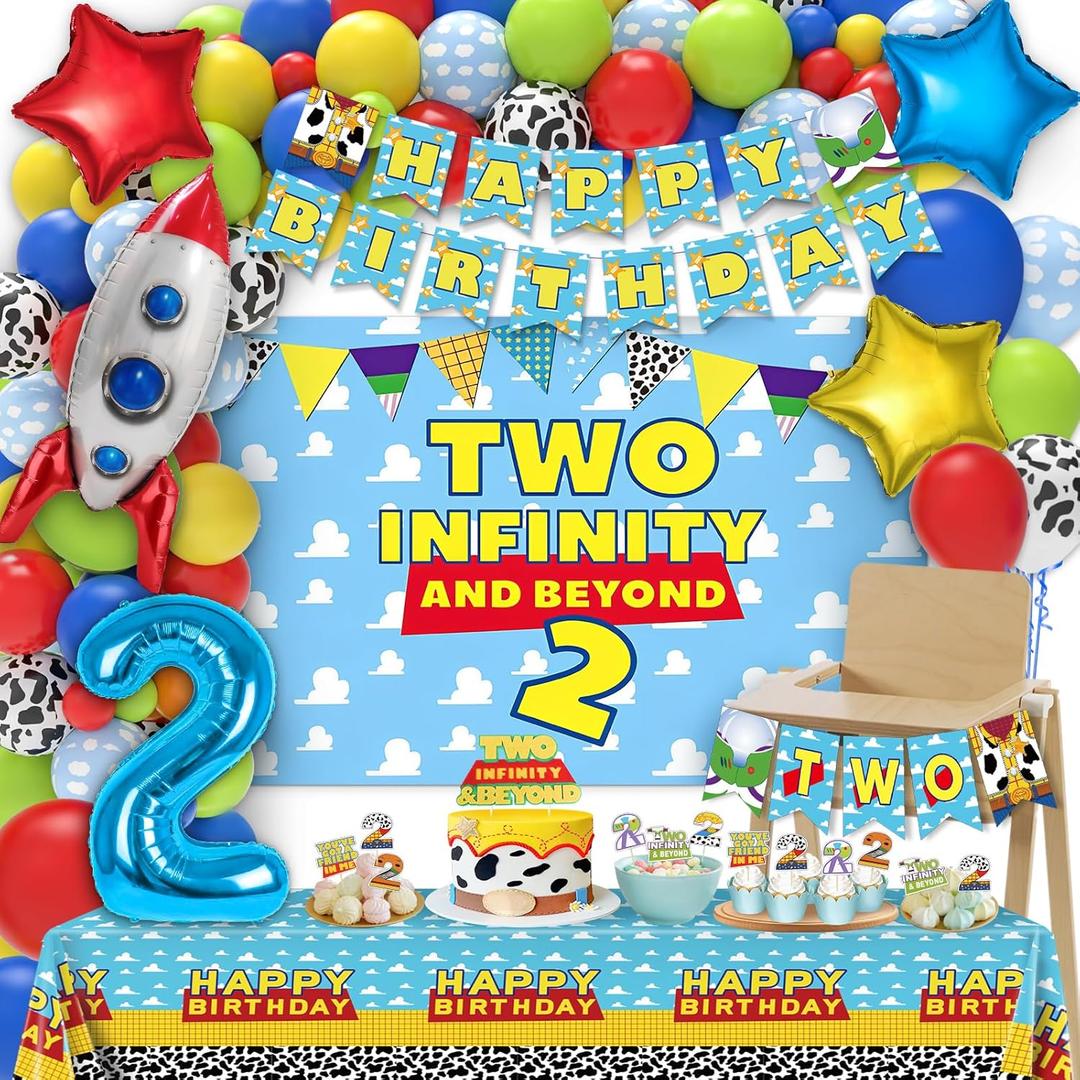 Two Infinity and Beyond Birthday Decorations - 105 Pcs Toy Inspired Story 2nd Birthday Party Supplies Include Banner, Balloons, Backdrop Film, Balloon Cake Topper, Tablecloth