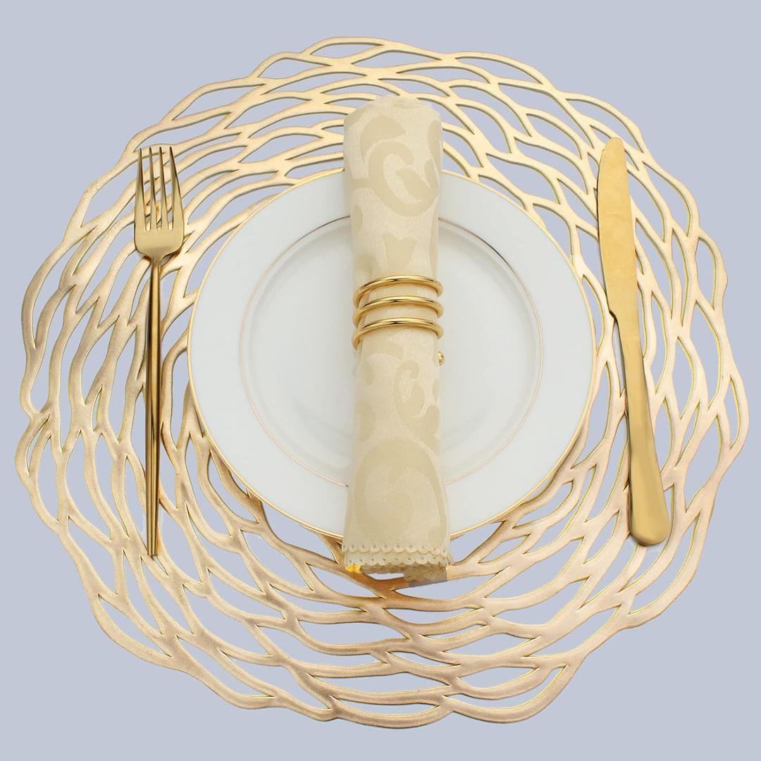 Evevde Gold Round Placemats for Dinner Table Set of 8 Metallic Plastic Vinyl Place Mats No-Slip Wipeable Table Mats for Daily Use Wedding Anniversary Kitchen Table Decoration