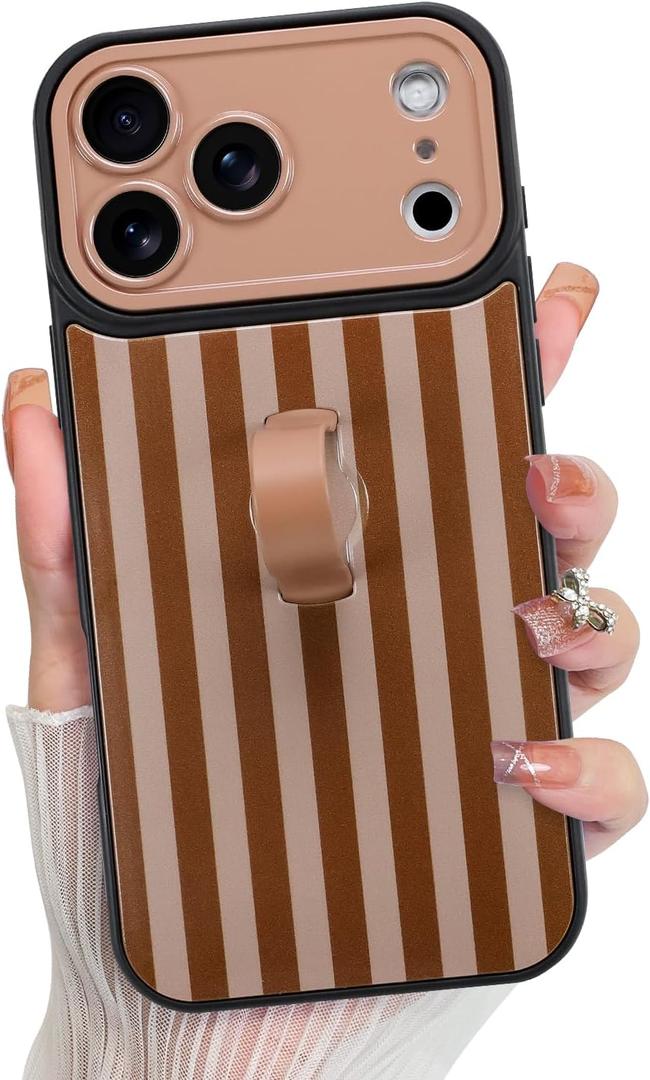 KANGHAR Compatible with iPhone 17 Pro Max Case 2025, Silicone Stripes Cute Pattern, Wristband Kickstand Camera Protection Soft Slim Cover for Girls Women -Brown