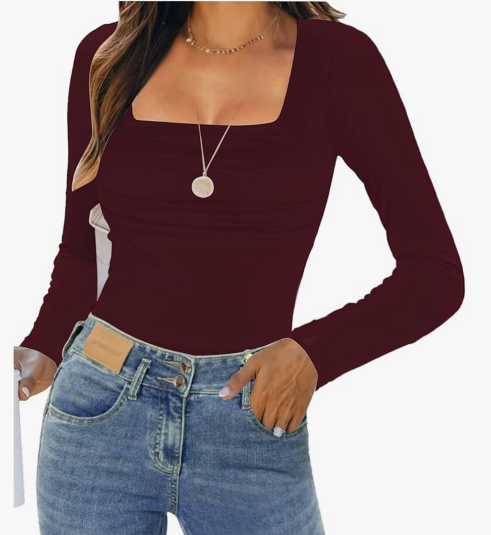 Womens Long Sleeve Shirts 2025 Sexy Ruched Square Neck Tops Trendy Double Lined Fitted Top Blouses Outfits Size S