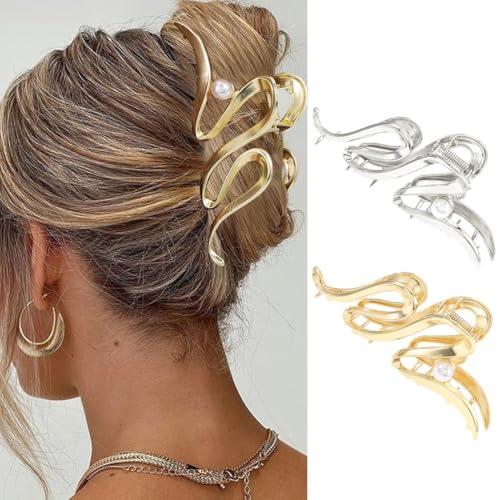 CAKURE Metal Claw Clips Silver Hair Clips Claw Pearl Hair Clip Large Nonslip Stylish Hair Accessories for Women (Pack of 1)