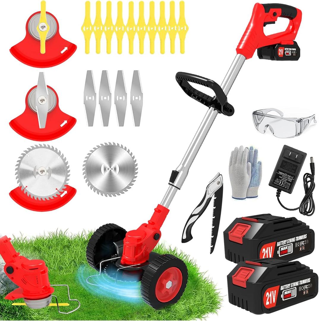 Electric Weed Wacker Eater Cordless Battery Powered, 21V Lightweight No-String Weed Trimmer with 2 Battery Operated & Wheels, 3 in 1 Stringless Grass Trimmer/Edger/Brush Cutter for Garden Yard Lawn
