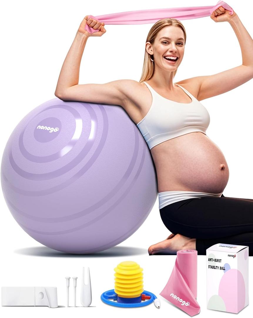nonogo Birthing Ball for Pregnancy with Resistance Bands- Exercise Ball for Working Out, Yoga, Physical Therapy, Maternity Physio, Balance Stability Ball with Pump (23''-26'') 65cm, Purple)