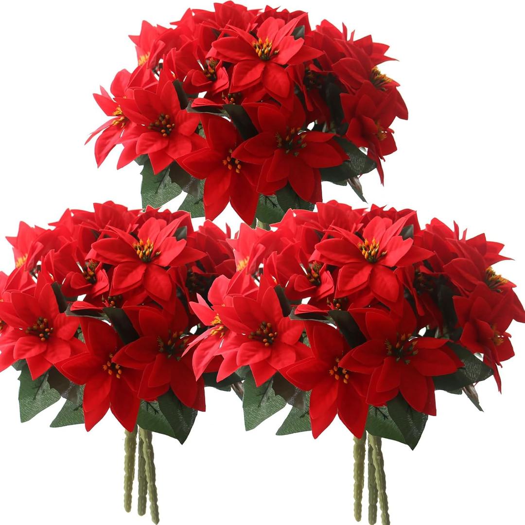 6 Pack Christmas Artificial Poinsettia Flowers Bouquets Outdoor Indoor Decorations 13.8 Inch XMAS Faux Red Poinsettia Flowers Bushes with 7 Stems 42 Pcs Poinsettia Flowers for Porch Pot Vase Window Box