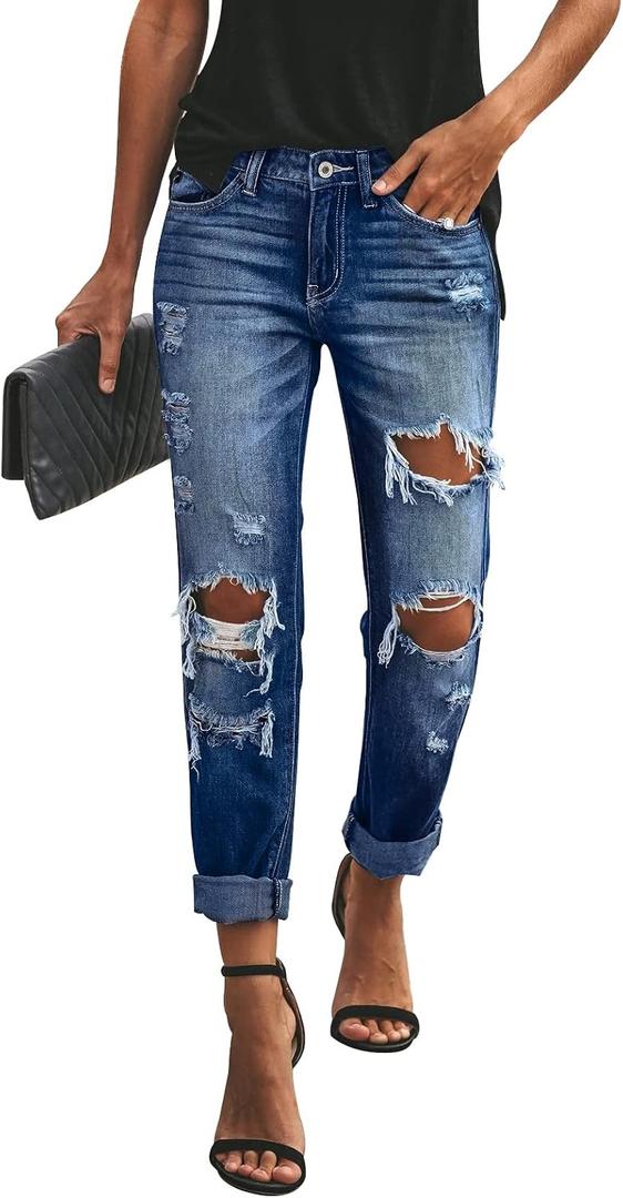 KUNMI Women's Ripped Mid Waisted Boyfriend Jeans Loose Fit Distressed Stretchy Denim Pants, Large