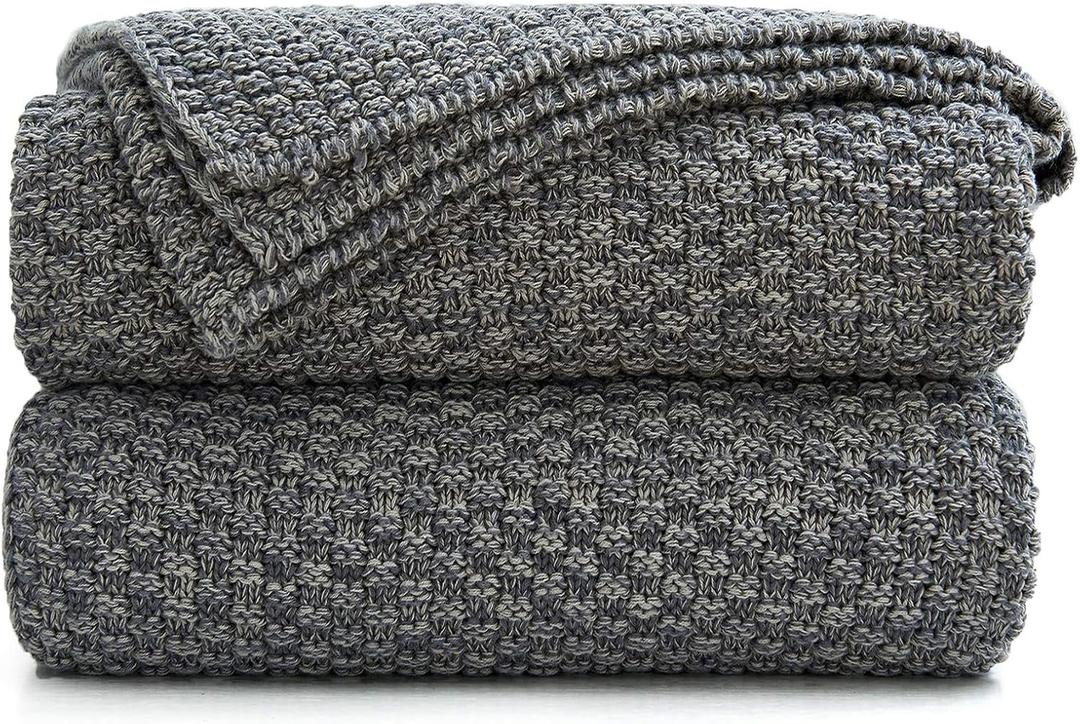 Longhui bedding 100% Cotton Knitted Throw Blanket – Dark Grey, Soft & Cozy, Machine Washable, 60"x80" – Perfect for Living Room, Couch, Sofa, Bed or Travel
