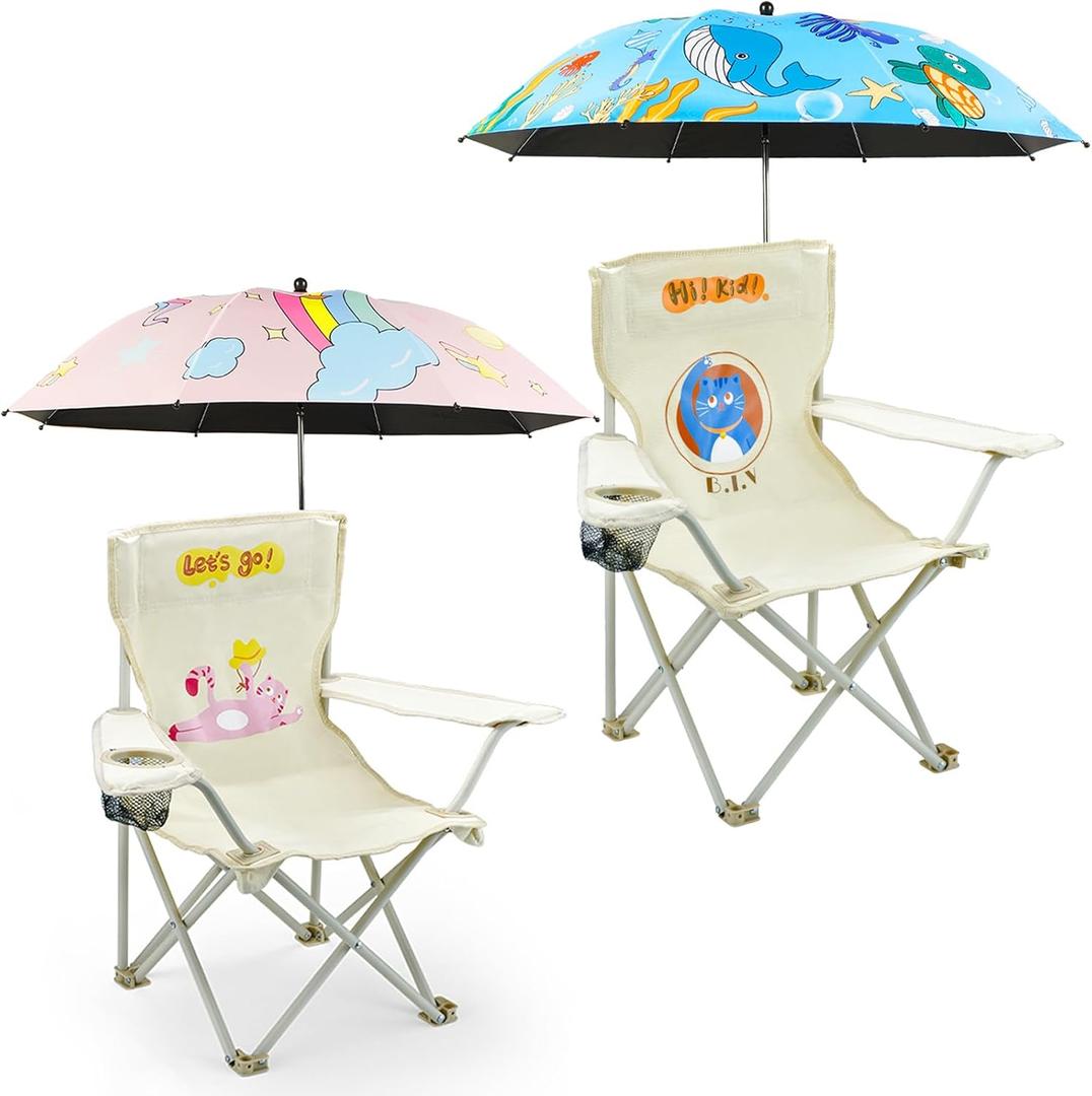 2 Pack Kids Camping Chair - Kids Beach Chair with Umbrella - Foldable Storage Cup Holder Durable, wear-Resistant, Non-Slip, Lightweight Design for Beach, Patio, Outdoors, Lawn (Pink+Blue)