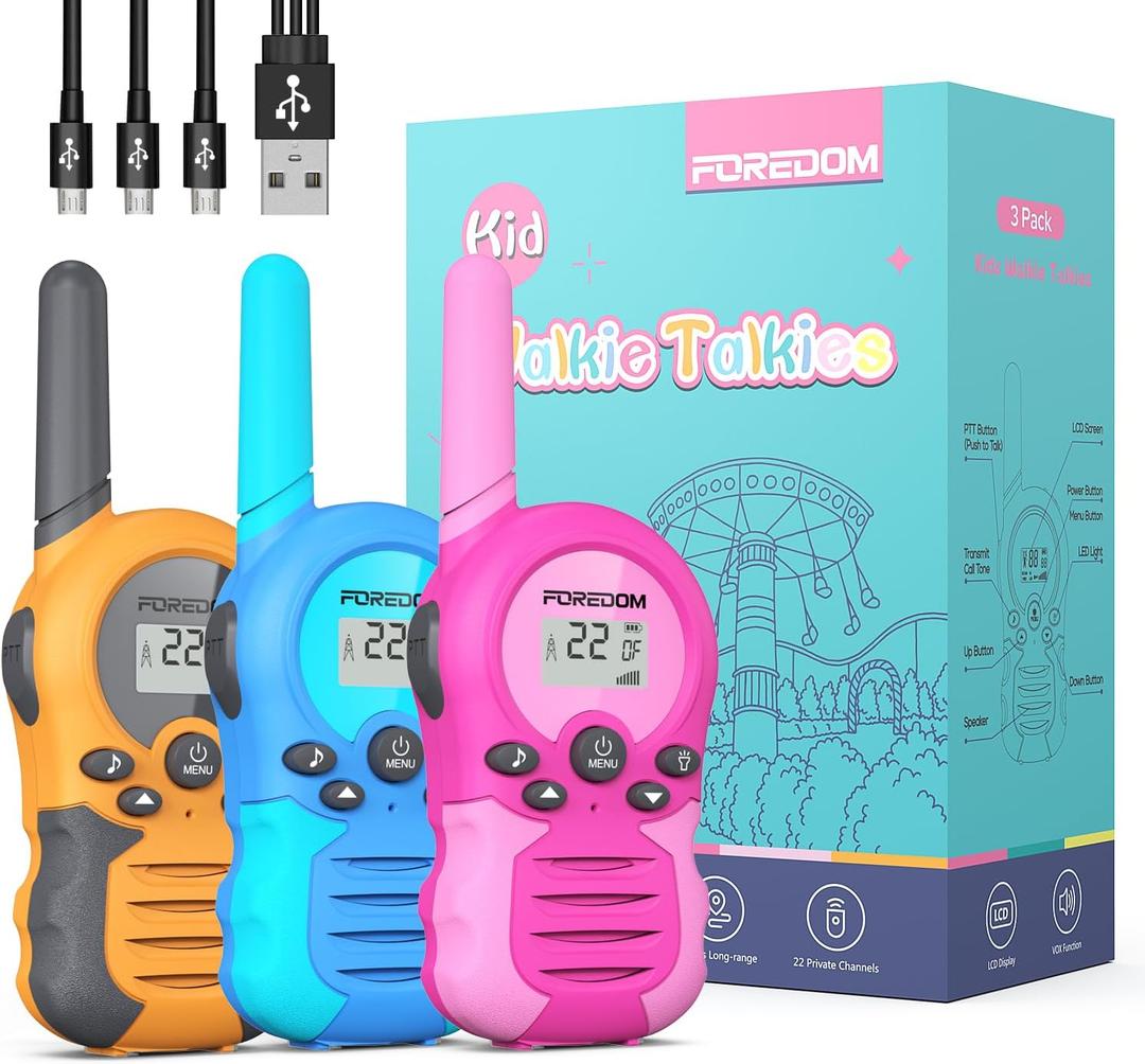 FOREDOM Rechargeable Walkie Talkies for Kids Walkie Talkies Long Range for Boy & Girl Age 3 to 12 Year Old Birthday Toys  3 Pack
