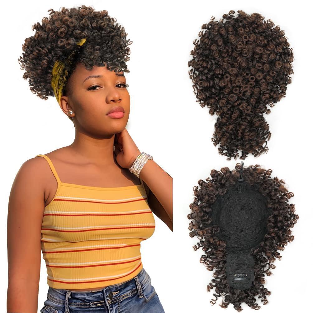 MODSIGHT Afro Puff Drawstring Ponytail with Bangs, Kinky Curly Ponytail Bun with Bangs Updo Hairpieces, Short Afro Puffs with Bang for Black Women (Black Brown to Deep Brown T2/33A) (1 piece set)