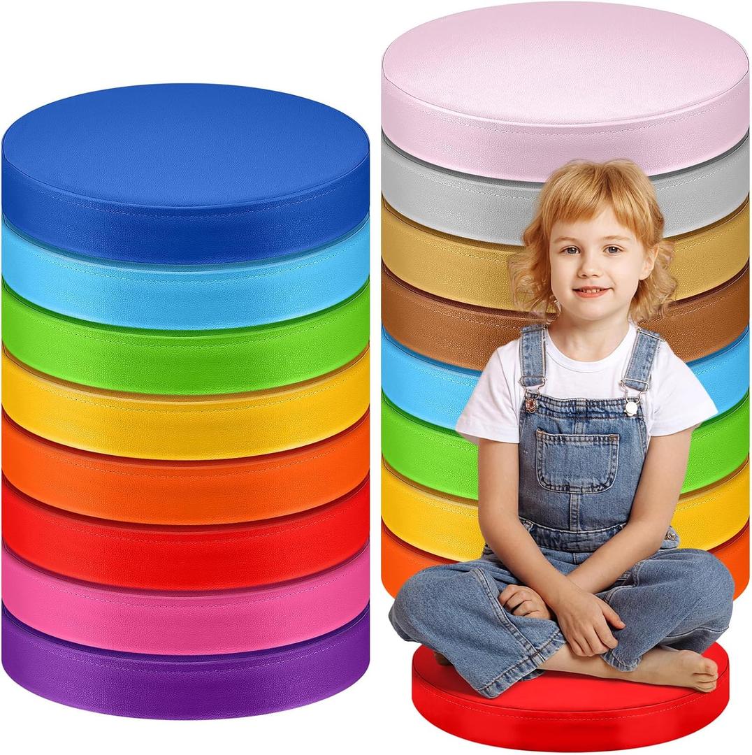 16 Pcs 2'' Extra Thick Round Floor Cushions 14 Inch PU Leather Foam Flexible Seating Colored Circle Contemporary Floor Pillow for Kids Classroom Elementary Learning Reading Preschool Daycare Chair