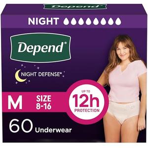 Depend Night Defense Adult Diapers, Incontinence & Postpartum Bladder Leak Underwear for Women, Disposable, Overnight, Medium, Blush, 60 Count (4 Packs of 15), 