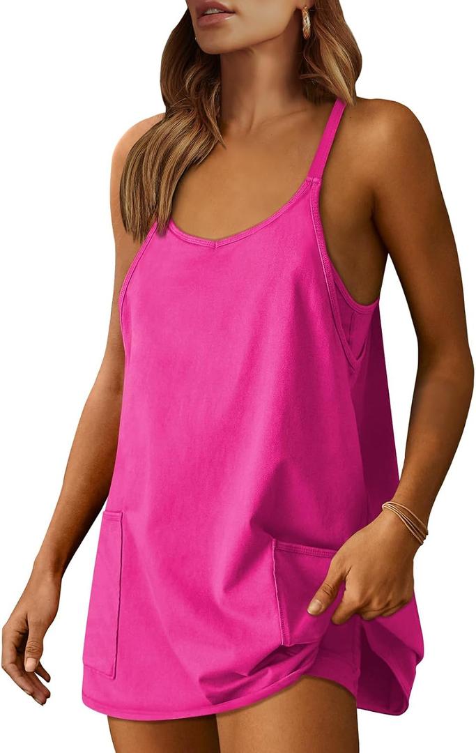 Caracilia Womens Athletic Tennis Dress, Summer Mini Romper Dress Built in Shorts, Sundress with Pockets for Active & Sports (Pink, XL)