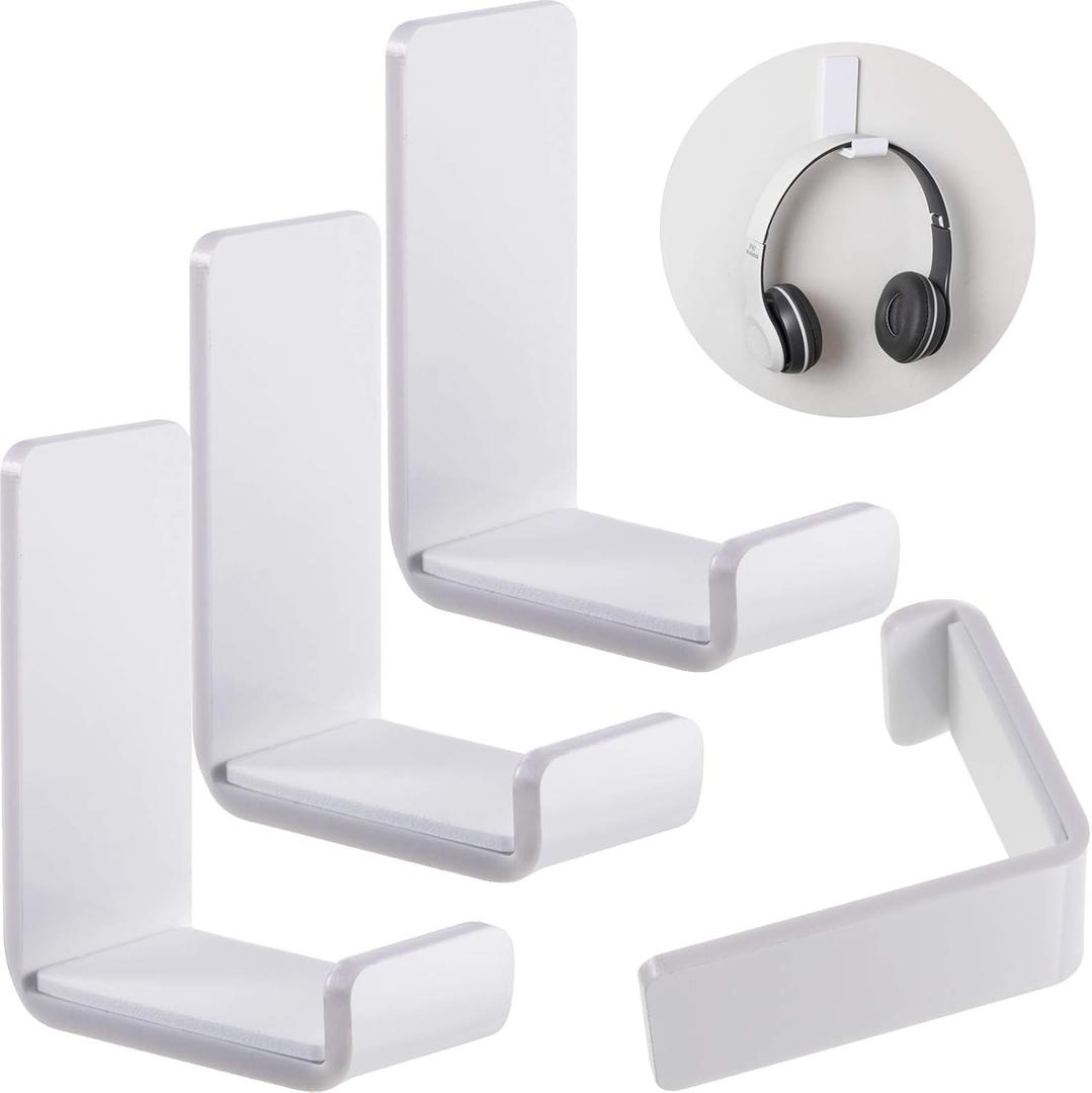 Weewooday 4 Pieces Headphone Hanger Holder Desk Adhesive Headphone Hook Wall Mount Headset Stand Acrylic Holder with Glues for General Purpose Game Earphone(White)