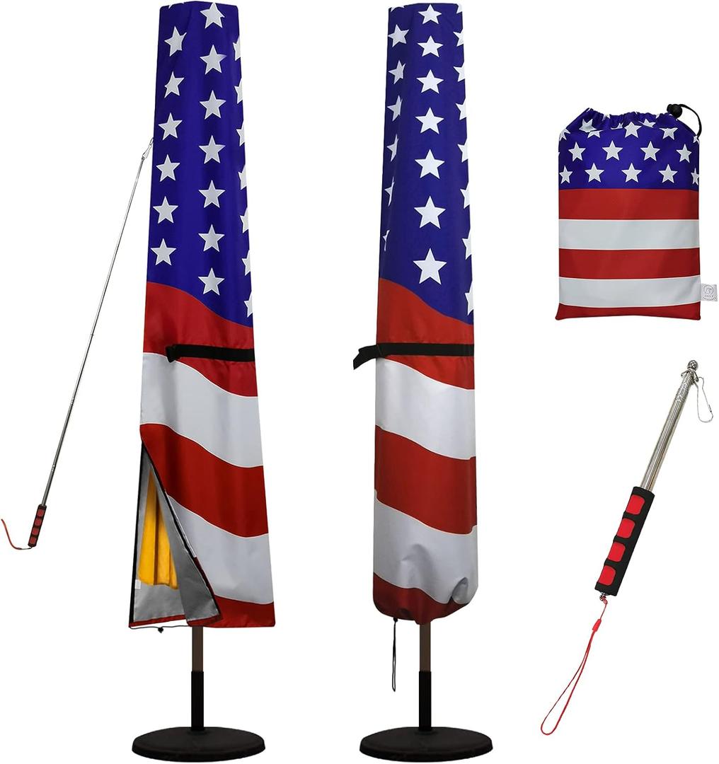 Daily Treasures American Flag Patio Umbrella Cover, 420D Oxford Fabric Umbrella Cover Waterproof with Telescopic Rod-Outside Parasol Cover Fits 8ft to 11ft Garden Outdoor Umbrella, Windproof Dustproof