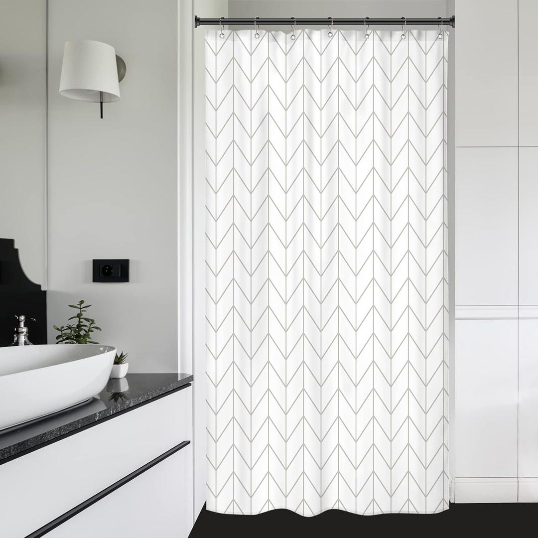 Riyidecor Stall Small Shower Curtain Half Size 39x72 Inch White Beige Single Narrow Tiny Geometric Chevron Striped Herringbone 7 Pack Hooks Dorm Decor Fabric Bathroom Set Polyester Waterproof A-03beige, 39"W x 72"L (Pack of 1)