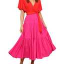 R.Vivimos Summer Dress for Women Cotton Ruffle Short Sleeves V Neck Casual Flowy Midi Dress with Belt (Medium, RedHotPink-Shortsleeve)