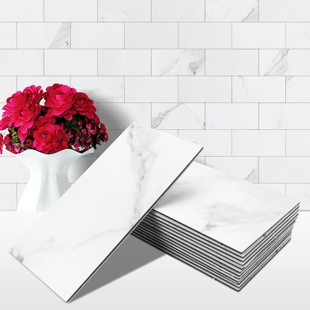 STICKGOO 100-Pieces Peel and Stick Backsplash, 3" x 6" PVC Wall Tile, Marble White Stick on Backsplash for Kitchen/Bathroom/Fireplace (Statuario White Marble)
