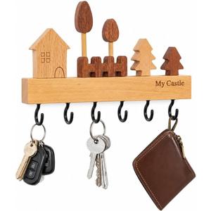 My Castle Wooden Key Holder Wall Mounted with 6 Hooks, Rustic Solid Wood Entryway Organizer, Cute House & Tree Design, Heavy Duty Wall Hooks for Keys, Bags, Hats