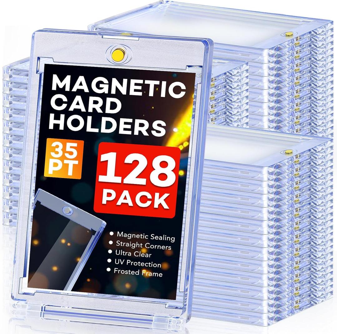 ZENOWICK 128ct Magnetic Card Holders, 35pt One Touch Card Holder, U-V Protection Hard Plastic Case for Trading Cards, Display Case for Sports, Baseball, Football, Game Cards