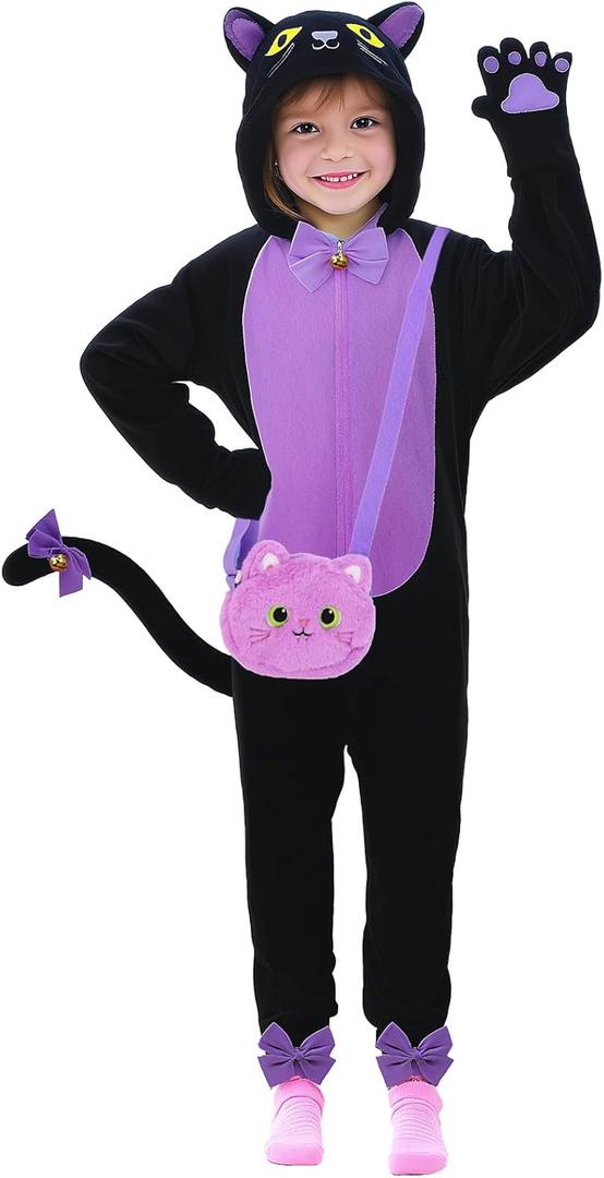 Gifts2U Halloween Cat Costume for Girls, Kids Onesie with Purple Cat Ears, Tail, Paws, Bow Ties and Purse Bag, Gifts for Halloween, Birthday or Any Costume Occasion 7-8 Years