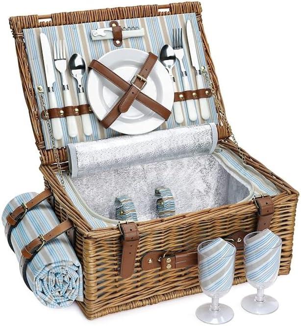 Personalized Honey Picnic Basket Set for 2, Willow Hamper with Large Insulated Cooler. Waterproof Blanket and Cutlery Service KitH Size 16×7.5