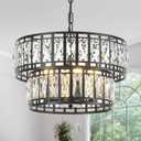 Dining Room Chandeliers K9 Crystal Black Metal Chandelier Modern 2-Tier Drum Farmhouse 16in Contemporary Round Light Fixture for Bedroom Entryway Kitchen Island Living Room