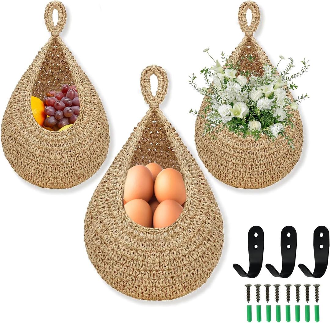 Hanging Fruit Basket for Kitchen, 3 Pack Wall Hanging Fruit Baskets with 3 Hooks, Boho Hanging Wall Basket, Hanging Kitchen Baskets for Fruits, Vegetables and Onion Storage, Linen