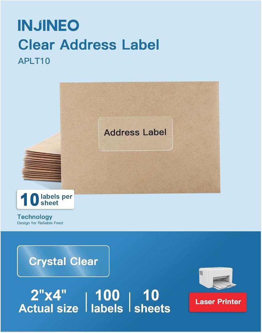 2" x 4" Clear Address Labels, Shipping Address Labels for Laser Printers, Compatible with 8663, 5663, 6522, 18663, Waterproof Label, Easy to Peel (100 Labels, 10 Sheets), APLT10