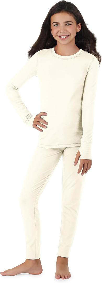 Cuddl Duds Girls Heavyweight Cold Weather Fleece Lined Thermal Set  Long Sleeve Shirt & Leggings  Long Johns for Kids (Large, Off-white)