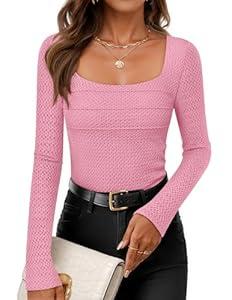 ZESICA Women's Long Sleeve Shirts 2026 Spring Fashion Square Neck Slim Fit Basic Going Out Tops Trendy Outfits L