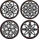 Yulejo 4 Pcs Thicken Rustic Wall Decor Farmhouse Kitchen Wall Round Art Wooden Hollow Carved Design Rustic Art for Living Room Bedroom Hallway Decor (9.8 x 9.8 Inch,Black, Brown)