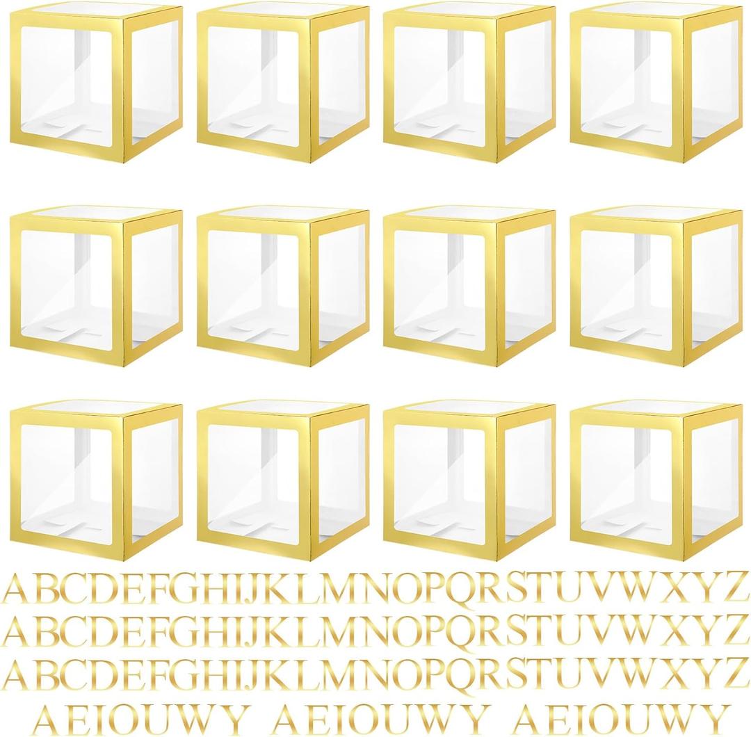 Thyle 12 Pcs Transparent Balloon Boxes Clear Balloon Boxes with 99 Letters for Baby Shower Gender Reveal Grad Birthday Party Bridal Wedding Anniversary Backdrop Decoration (Gold)