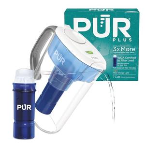 PUR Plus 7-Cup Water Pitcher, 1 Lead-Reducing Filter, Cleaner, Great-tasting Water, Dishwasher Safe, Powerful Filtration, Filter Change Light Indicator, LockFit Cap Design - White