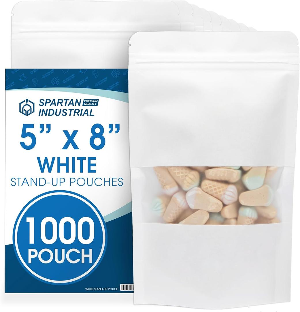 Spartan Industrial - 5" X 8" White Zip Top Food Bags - Pack of 1000 Resealable Smell-Proof Pouches for Packaging Coffee, Tea, Spices, Snacks, and More