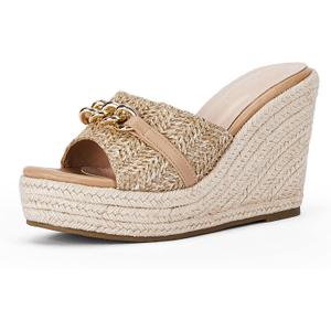 Coutgo Women's Wedge Sandals Platform Espadrille Heel Chain Slip On Casual Summer Slides (8.5, Khaki)