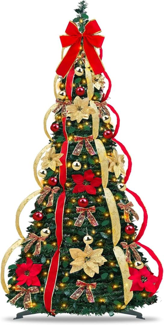6 Ft Pre-Decorated Pop Up Full Christmas Tree Prelit 200 Warm White LED Lights 8 Modes Timer UL Plug in, 1 Minute Pull Up Collapsible Christmas Tree with 64 Ornaments for Indoor Outdoor Home Holiday