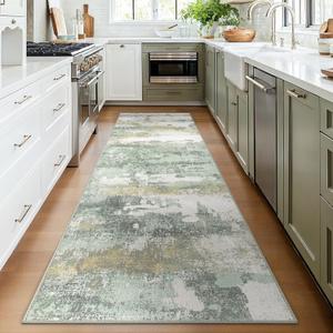 Runner Rug for Hallway Kitchen, 2x12 Machine Washable Runners Rug for Entryway, Soft Modern Abstract Throw Rugs, Low Pile Floor Cover with Non Slip Backing, Light Green