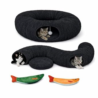 R1M Cat Tunnel Bed for Indoor Cats, Cute Cat Donut Tunnel Toys for Small, Larger Cats with Two Fish Cat Toys, Round Pet Peekaboo Cave Toy for Kitten, Dark Grey