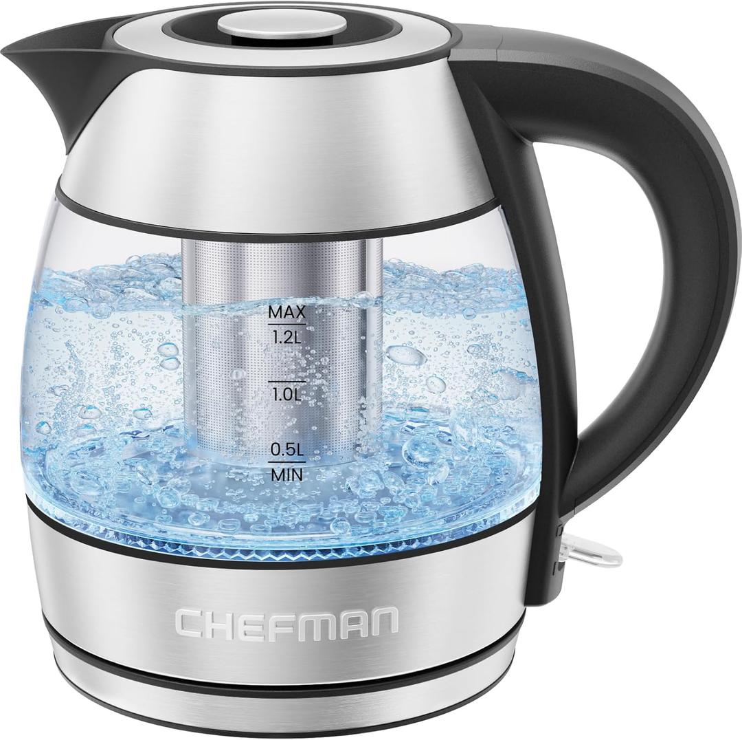 CHEFMAN Electric Kettle - 1.2L 1500W Hot Water Tea Pot with Infuser, BPA Free, Auto Shut Off, Boil-Dry Protection, Removable Lid, LED Light, Cordless Glass Electric Tea Kettle  Stainless Steel