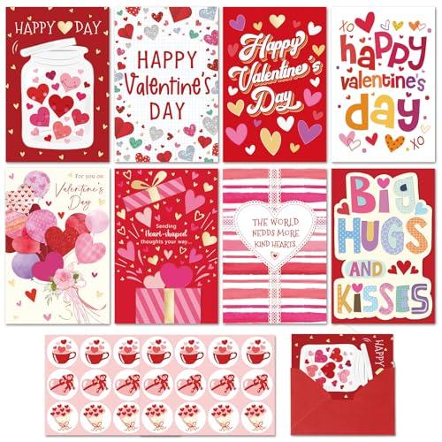 WDphouly Valentines Day Cards Assortment, 24 Valentine’s Day Cards with Envelopes and Stickers, 8 Elegant Designs with Message Printed Inside