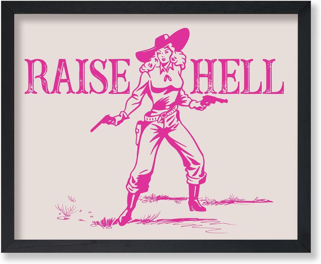 Poster Master Raise Hell Print - Retro Pink Cowgirl Poster - Wild West Art - Western Wall Design - Gift for Men & Women - Trendy Decor for Office, Dorm or Living Room - 8x10 Unframed Wall Art