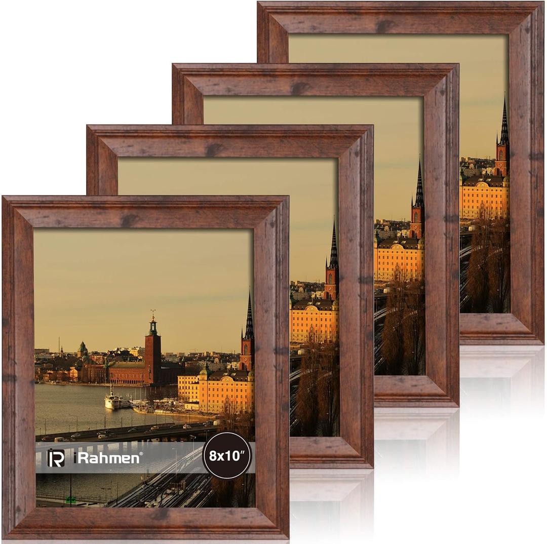 8x10 Picture Frame Set of 4, Brown Rustic Vintage 8 x 10 Photo Frame with Real Glass, 8 by 10 Picture Frames for Wall Mount and Tabletop Display, Without Mat (8"x10", Brown)