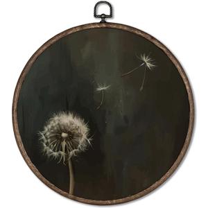 Giosve Vintage Gothic Dandelion Floral Round Wall Art Canvas Framed Poster, Dark Academia Goth Moody Floral Hanging Wall Sculptures for Home Bedroom Living Room Office Decor, 10x10 Inch