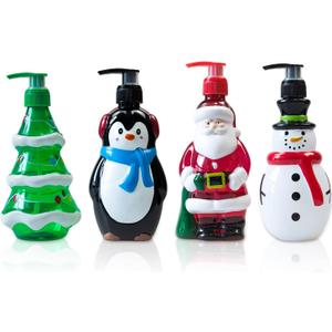 Christmas Theme Decoration Bottle, Soap Dispenser, Shampoo Dispenser, Lotion Containers, Santa Claus, Snowman, Christmas Tree, Penguin Plastic Pump Bottle, 11 Fluid OZ, 7 Inches High, 4 Pack