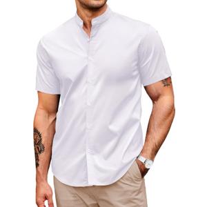 COOFANDY Muscle Fit Dress Shirts for Men Banded Collar Casual Button Down Shirts (Large, White)