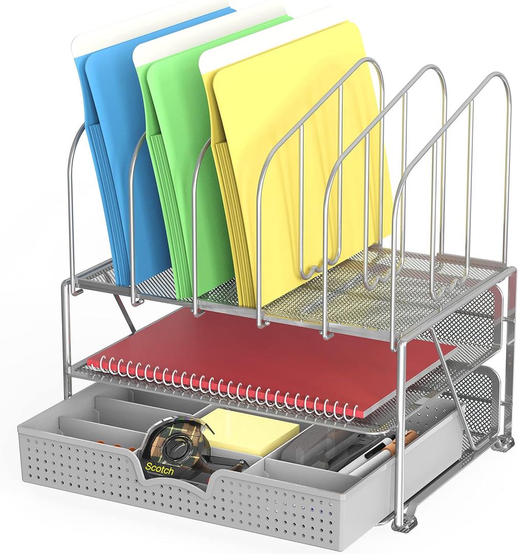 Deco Brothers Desk File Organizer with Letter Tray and 5 Upright File Stand, Silver (Sliver)