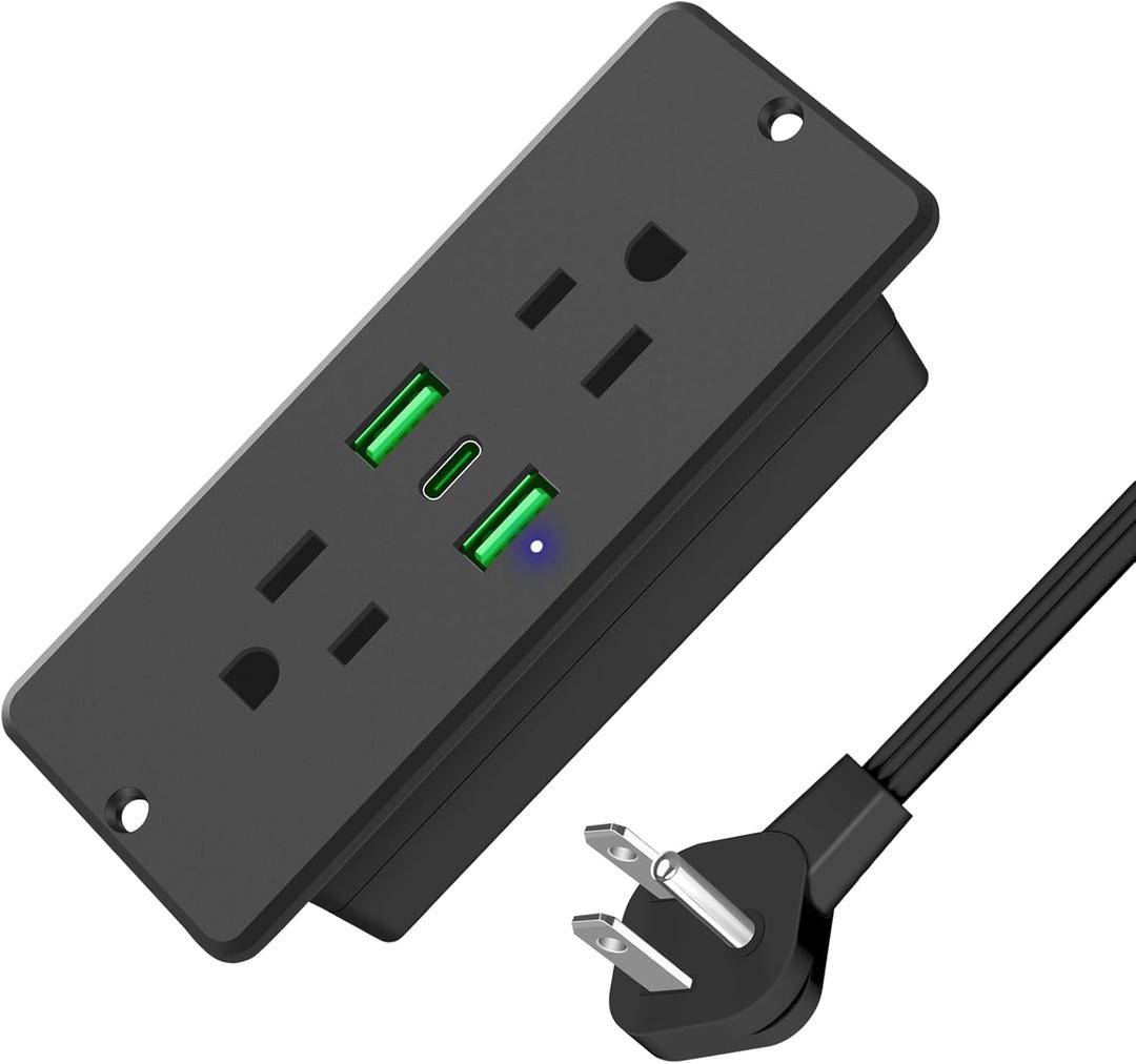 HHSOET 5 in 1 Recessed Power Strip Flat Plug, 45W Fast Charging Furniture Outlet with USB, Conference Recessed Socket with 2 AC Plugs, 2 USB Ports 1 USB-C, 10ft Power Cord. (Black)