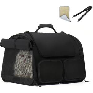 FUKUMARU Cat Carrier, 4 Mesh Windows Small Dog Carrier, 4 Storage Pockets Cat Travel Bag, Under 15 lb Airline Approved Pet Carrier, Rollable Cover for Nervous Cats, Black